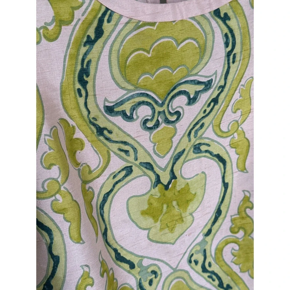 J.Crew silk shell top soft pink base ornate green filigree scroll print size 8